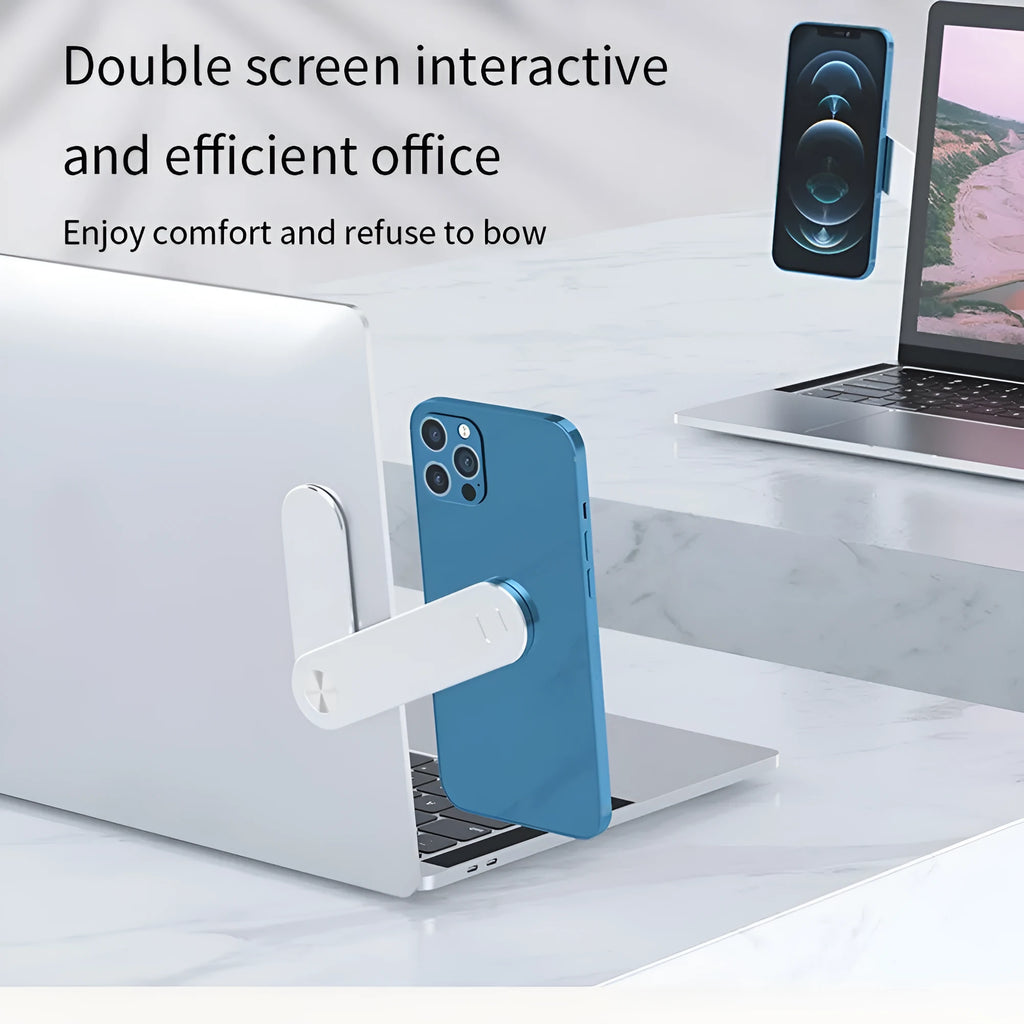 Black magnetic laptop phone holder with adjustable clip mounted on computer monitor