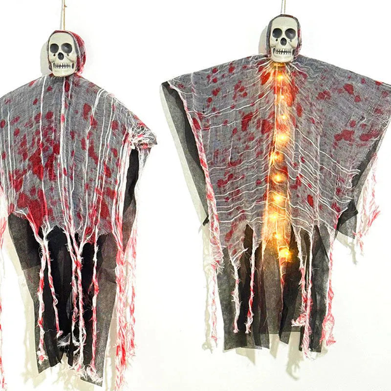 Halloween plastic hanging decoration showing blood-dyed luminous skull and ghost ornament for outdoor or indoor display