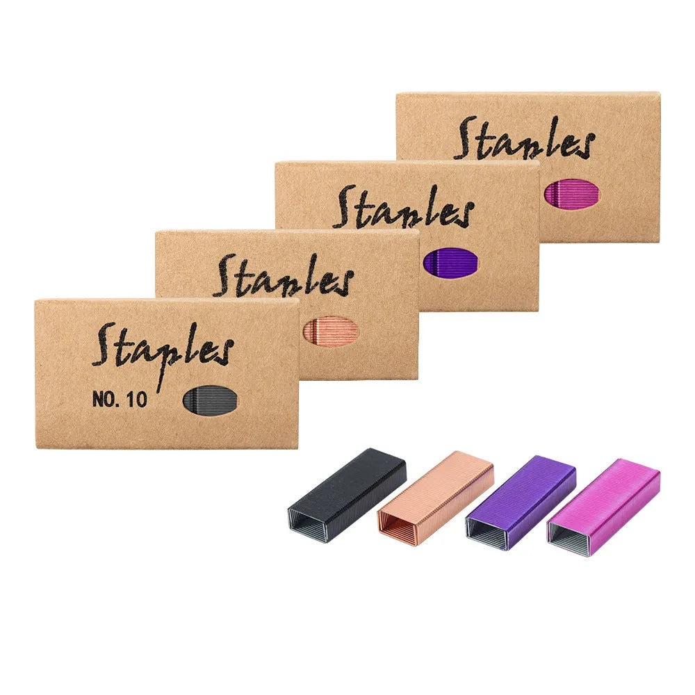 Box of 1000 metal stitching needle staples in black, purple, rose gold, and rose red colours.