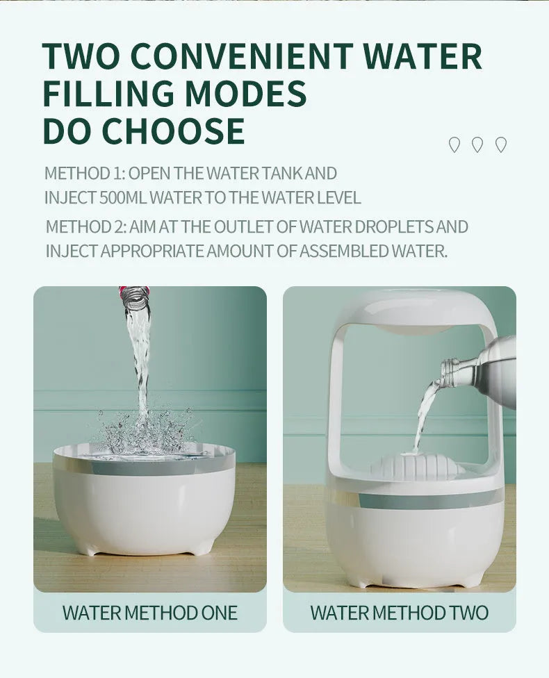 Black or white anti-gravity humidifier with water droplet effect on a desk.