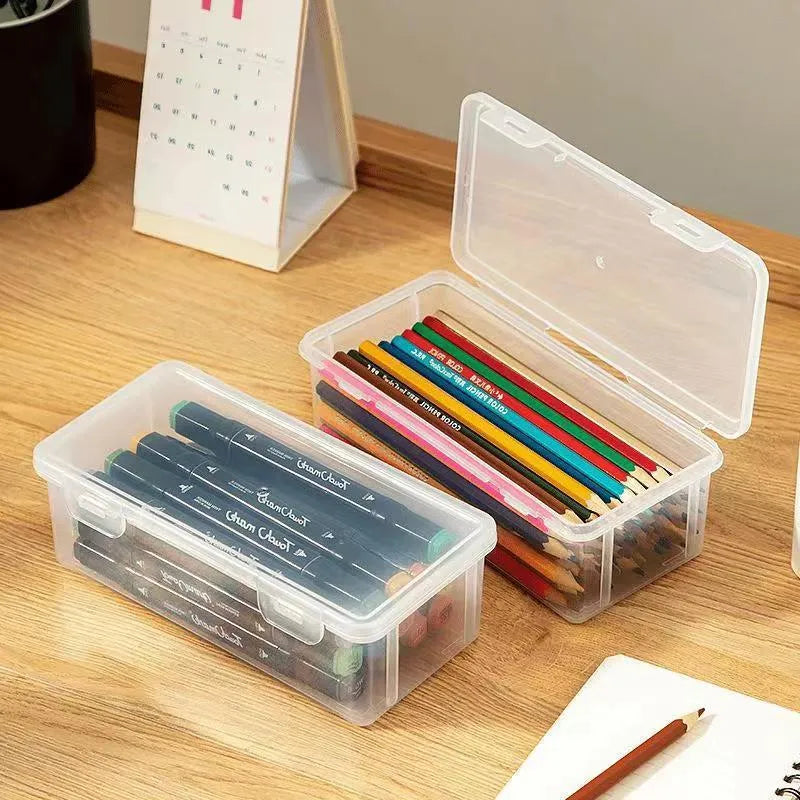 Transparent plastic stationery storage box for pencils and children's art supplies