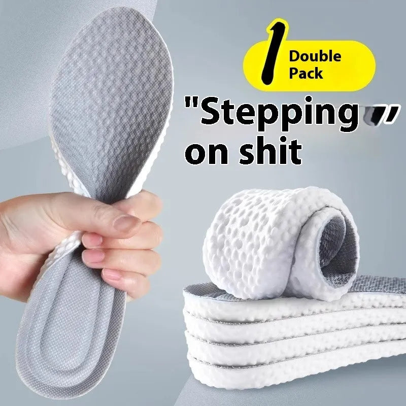 Grey, black, and orange breathable sports insoles made from soft PU, shown with size guide from 35 to 46.