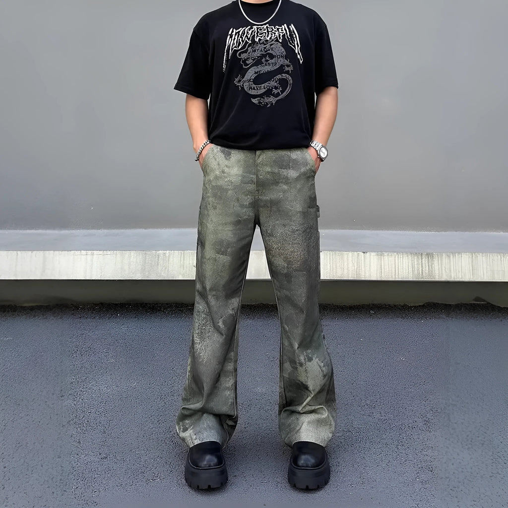 Retro digital camouflage straight leg jeans for men in cotton denim with medium waist