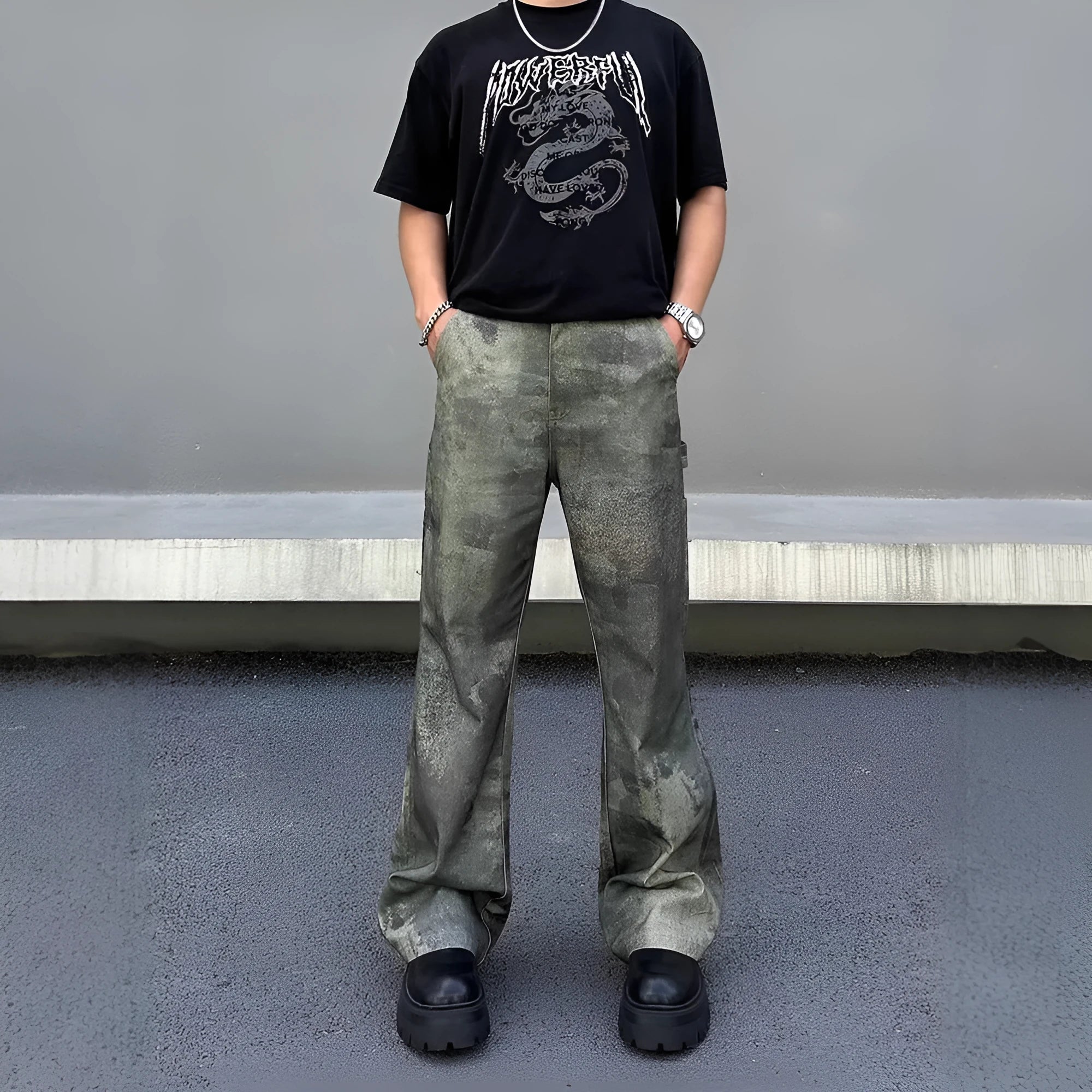 Retro digital camouflage straight leg jeans for men in cotton denim with medium waist