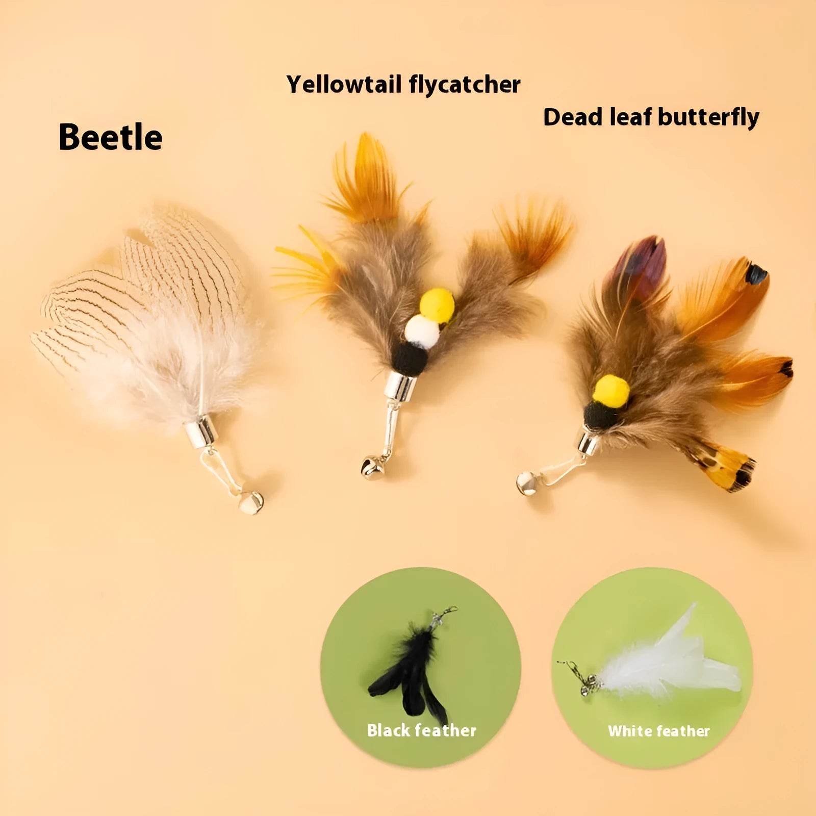 Three steel wire cat toy replacement heads with small flying insects colour design