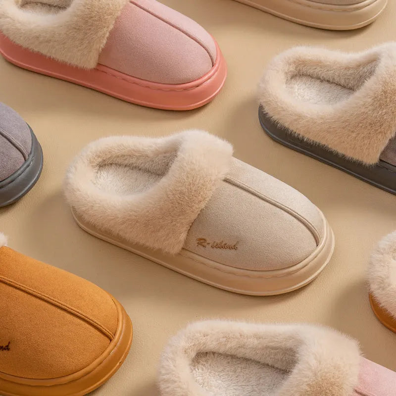 Fluffy winter slippers in gray with non-slip PVC sole, suitable for indoor home wear by men and women