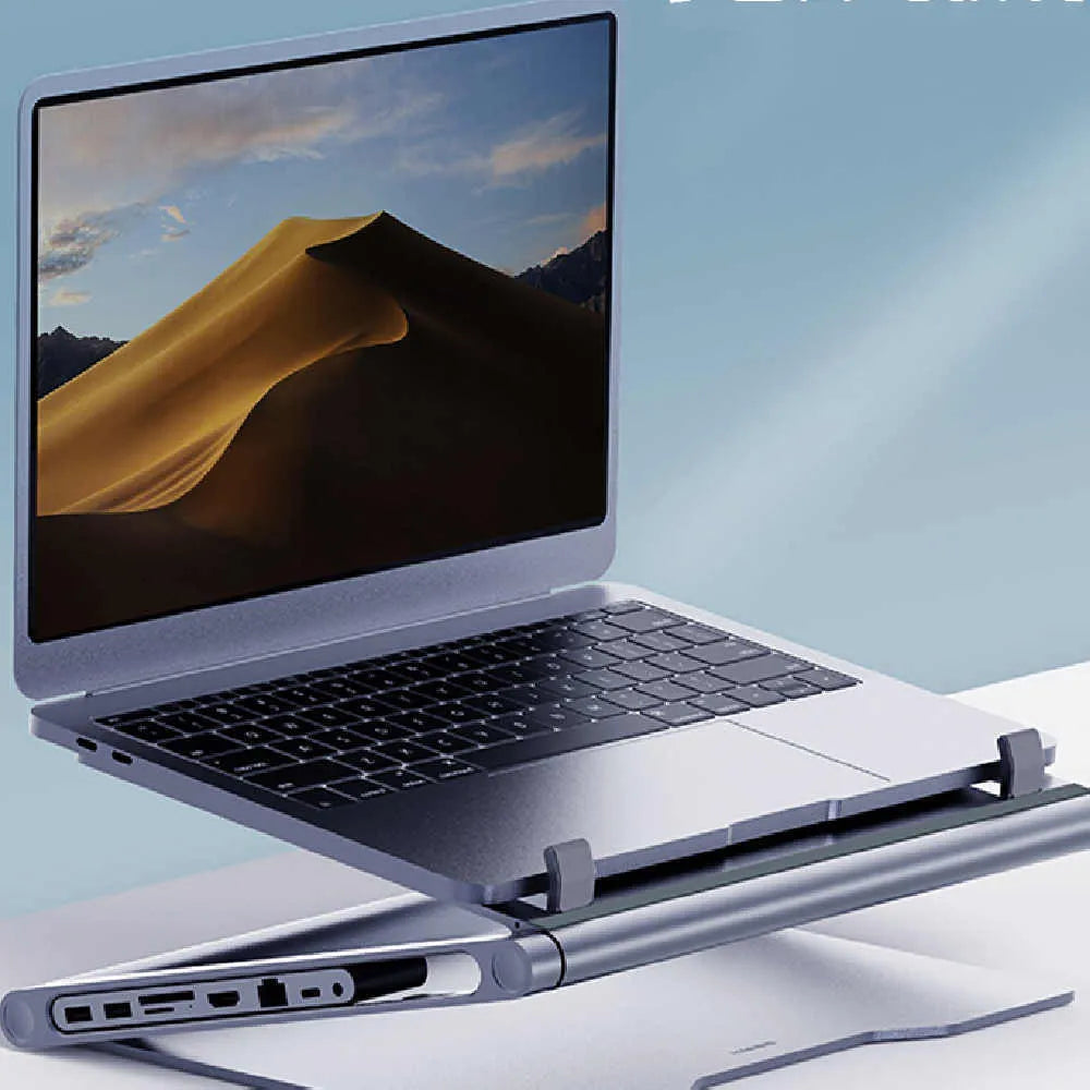 Aluminium laptop stand with 8-in-1 docking station in deep space grey on a desk