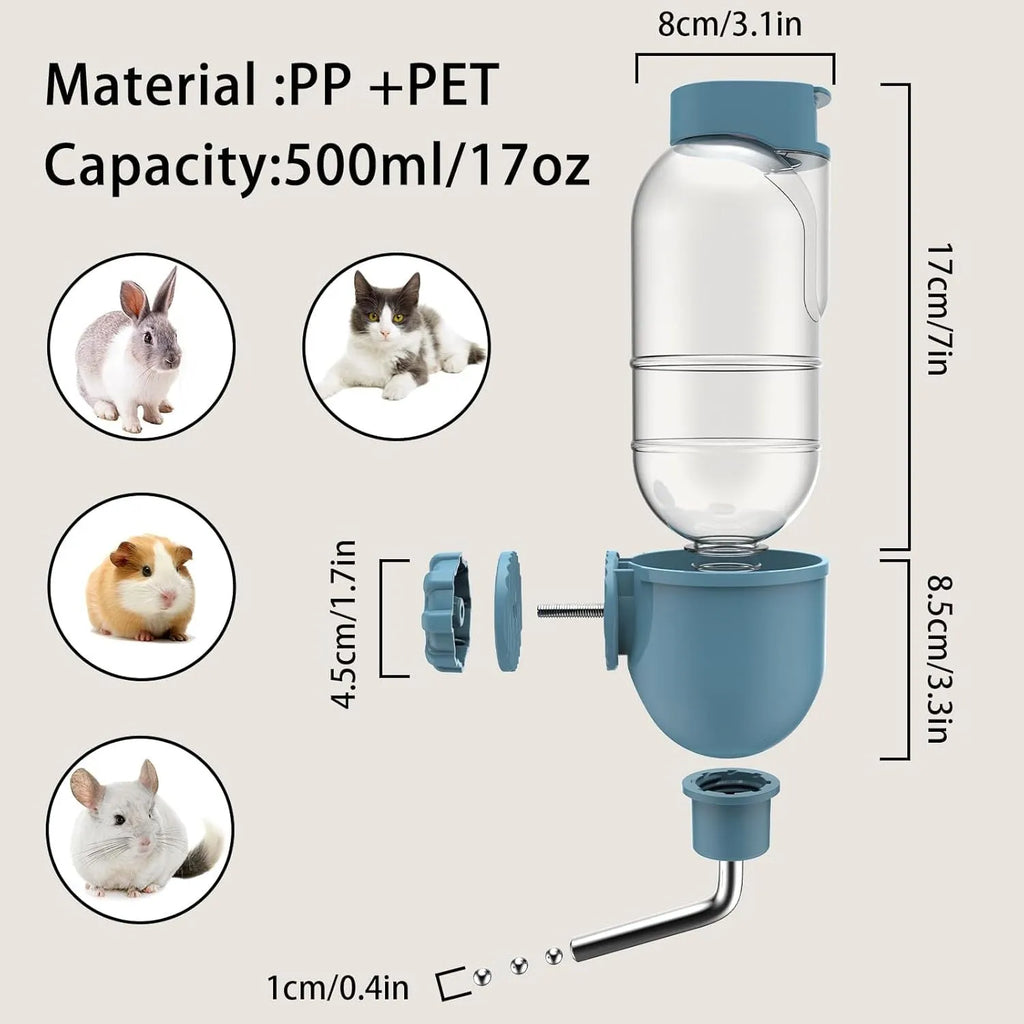 Small animal cage water bottle with rotatable nozzle in blue, white, or yellow colour options