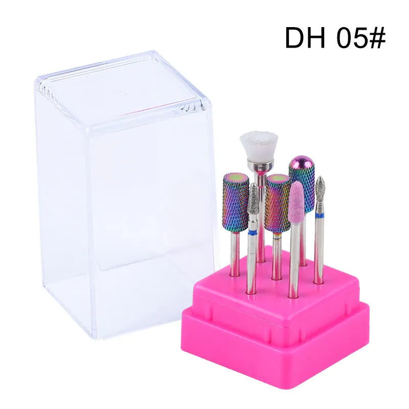 Tungsten steel nail art drill bit set with six bits, one brush, in a clear case.