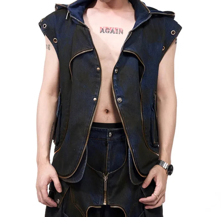 Blue hooded denim vest coat and matching trousers set on a man, showing Korean style fit.