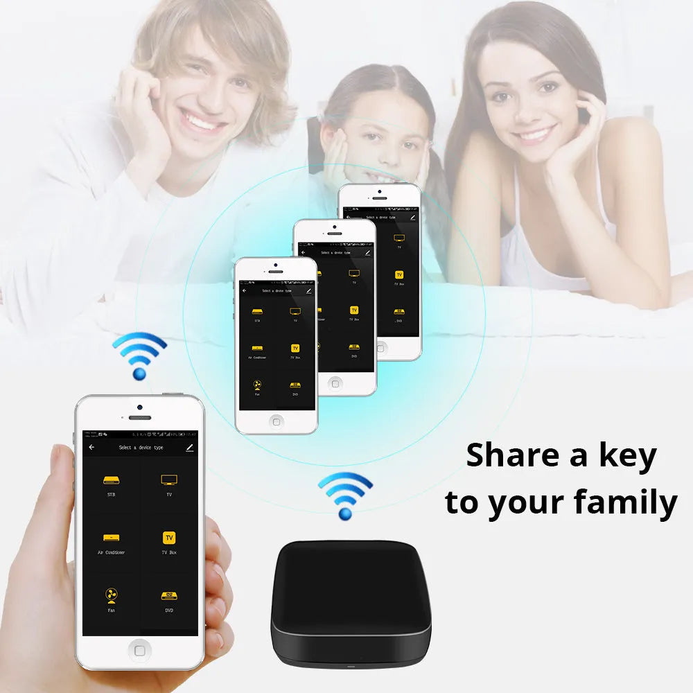 Black universal infrared remote control with voice command and WiFi connectivity.