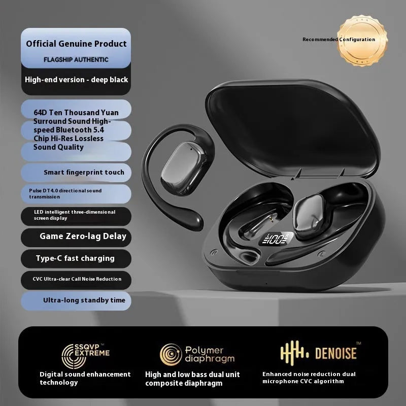 Ear-mounted wireless headphones with digital display screen in skin colour, black, and white colour options.