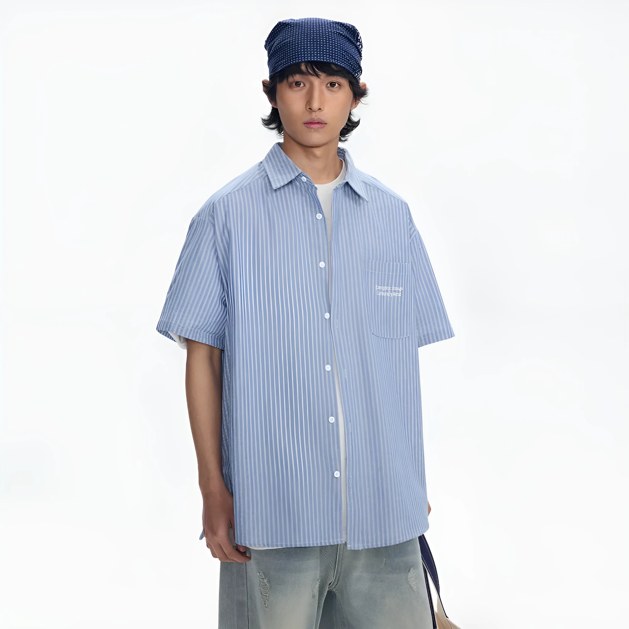 Blue striped overalls short-sleeved shirt in loose cardigan style made from cotton blend fabric