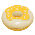 Pink TPR donut-shaped dog chew toy that makes a molar cleaning sound, shown next to a yellow and chocolate version.