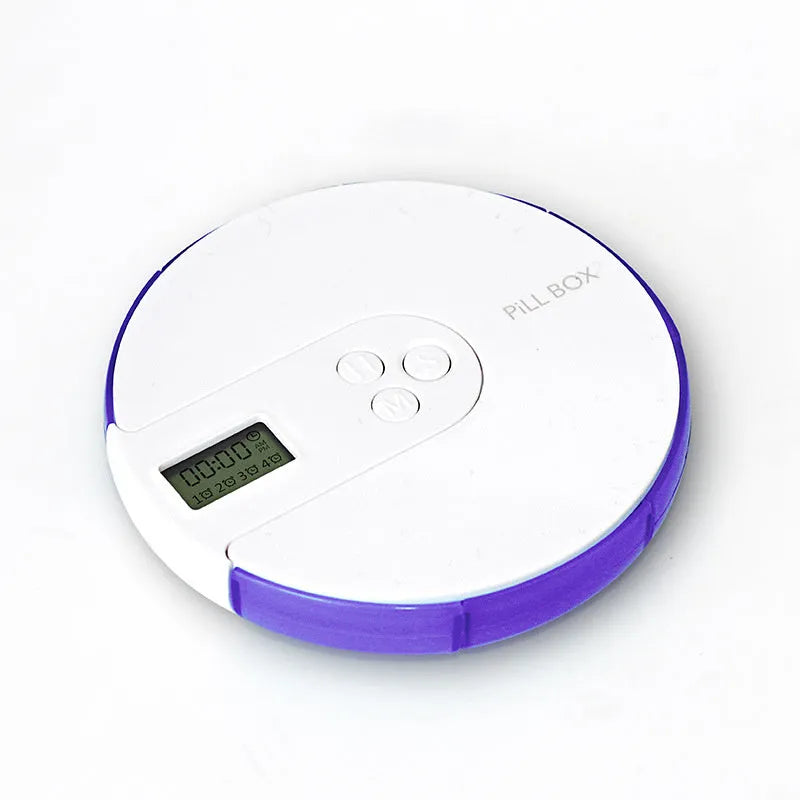 Seven-compartment alarm clock pill dispenser showing medication storage and electronic display
