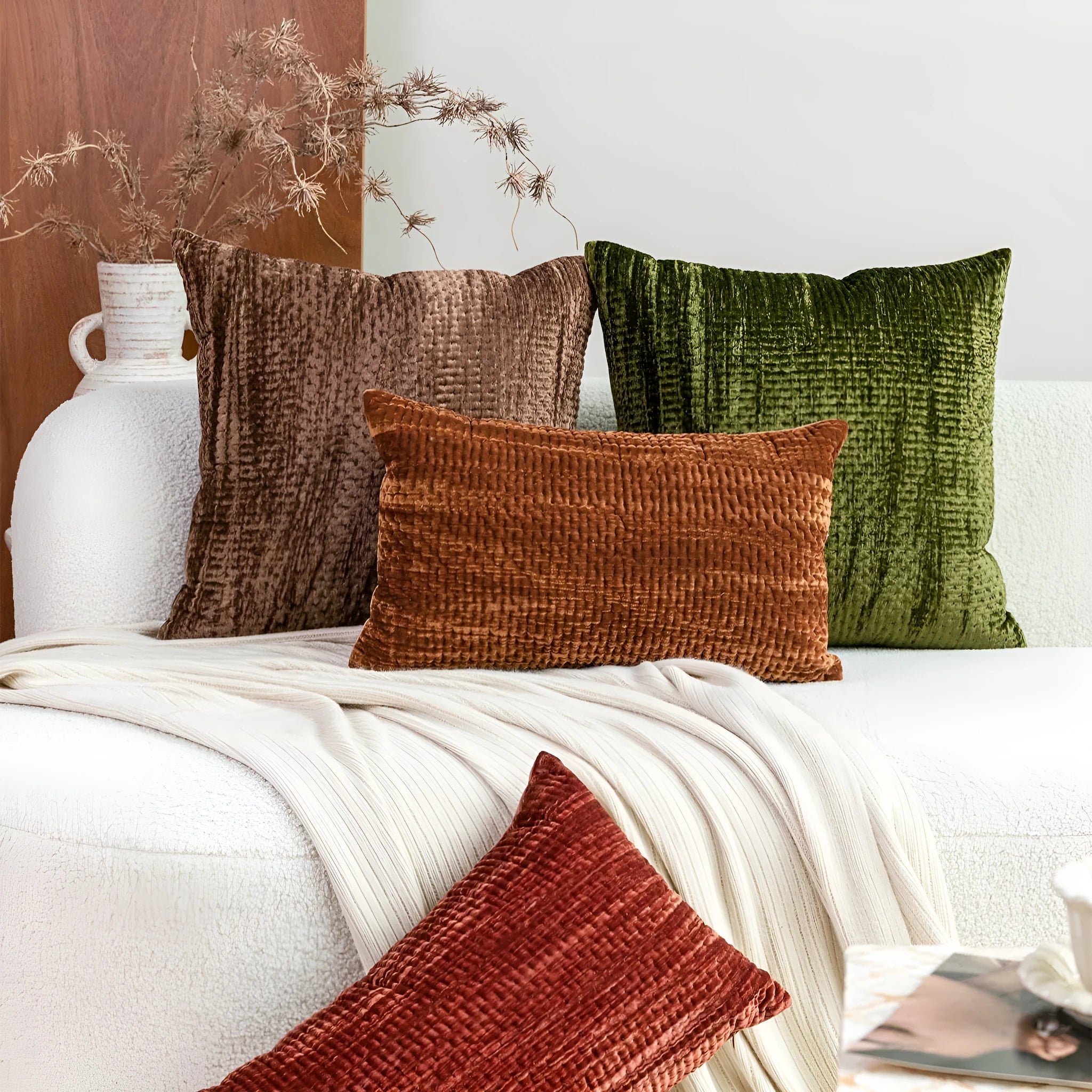 Antique style Chinese quilted cushion set with mercerised velvet cover and feather velvet filler in green, red, mocha, or orange.