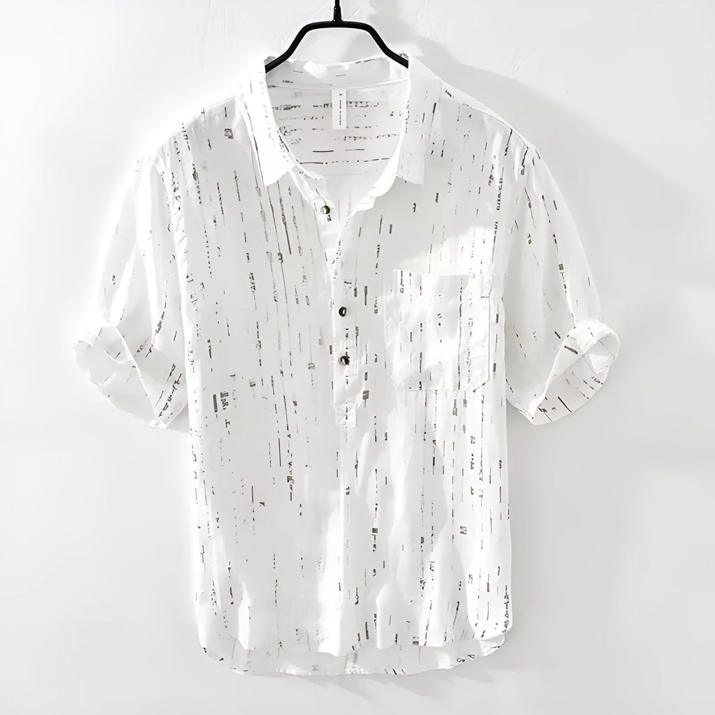 Men's black and white short-sleeved polo shirt with lapel collar and loose cardigan fit