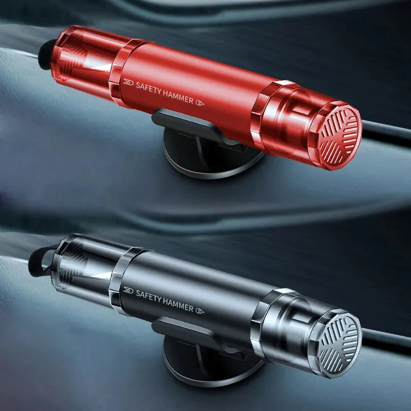 Black and red 2-in-1 car emergency hammer and seat belt cutter tool with mounting bracket.