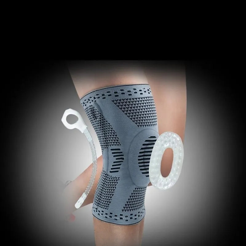 Adult knee patella protector brace with silicone cushion and side springs in black blue colour for basketball use
