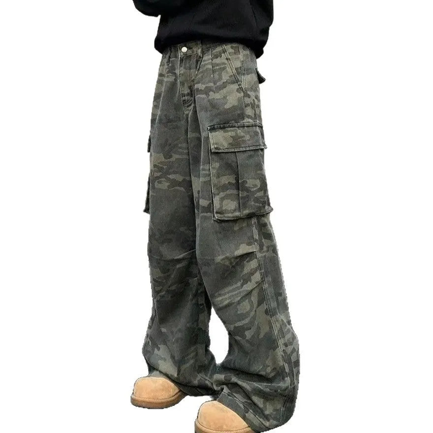 Washed camouflage cotton-blend cargo trousers with multiple pockets, shown in a Korean-style mid-waist fit.