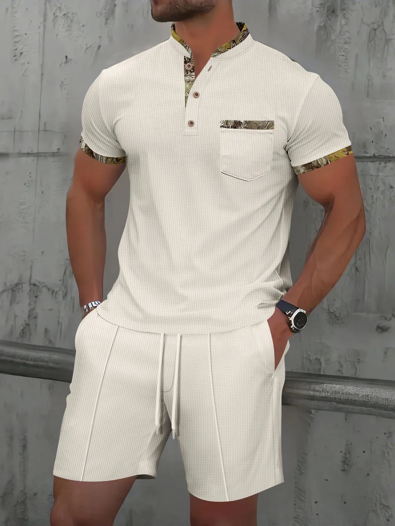 Men's waffle textured polo collar short sleeve suit set in cotton blend fabric with matching top and shorts