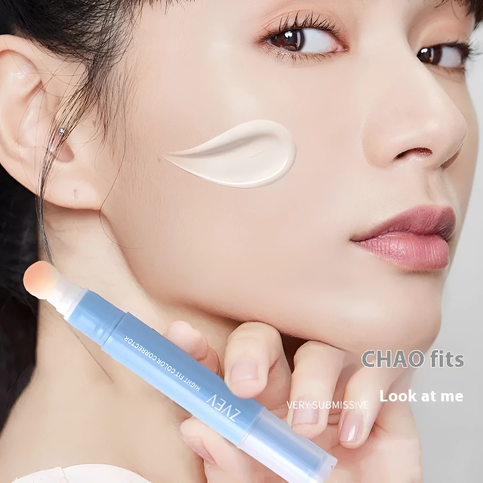 Concealer cream with sponge brush head applicator in 1.5g size showing three colour shades