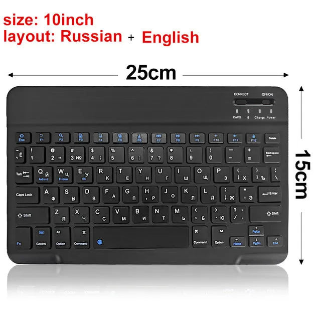 Black and white mini Bluetooth wireless keyboard shown in 7 inch, 9 inch, and 10 inch size options.