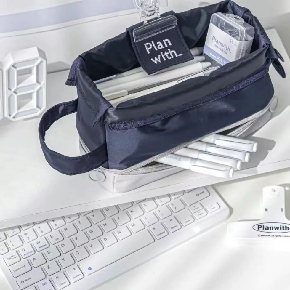 Fashion personality student pencil case with double layer design in dark blue, blue, or cream white colour