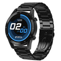Sports smartwatch with black leather strap and 1.3-inch touchscreen displaying step count