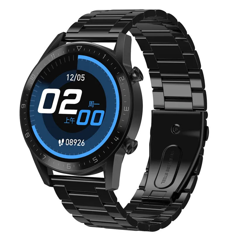 Sports smartwatch with black leather strap and 1.3-inch touchscreen displaying step count