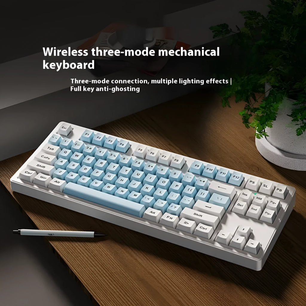 Triple-mode mechanical keyboard in various colour options showing 87-key and 108-key layouts