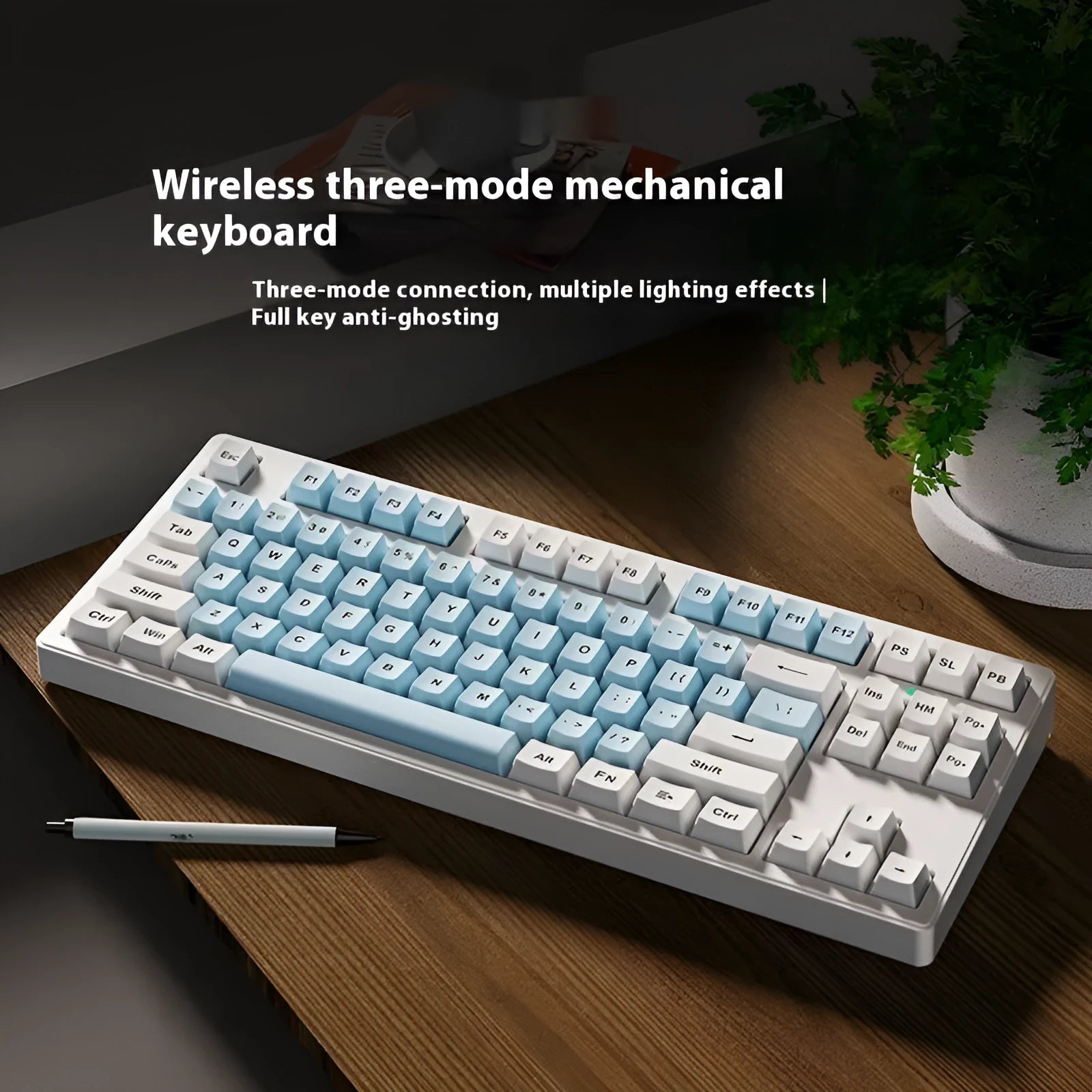 Triple-mode mechanical keyboard in various colour options showing 87-key and 108-key layouts