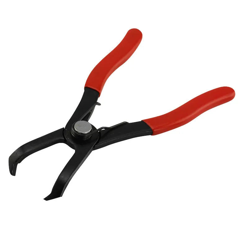 Red interior round nail removal pliers with PVC handles, jaw open, for car door clips.