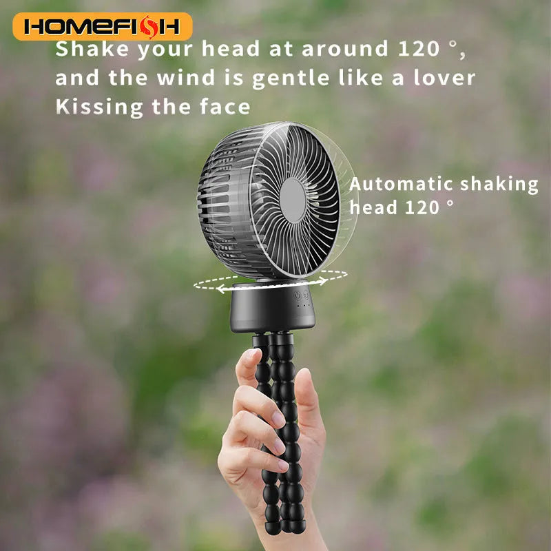 HOMEFISH F2 handheld fan with automatic shaking head, LED light, and removable bracket on a table.