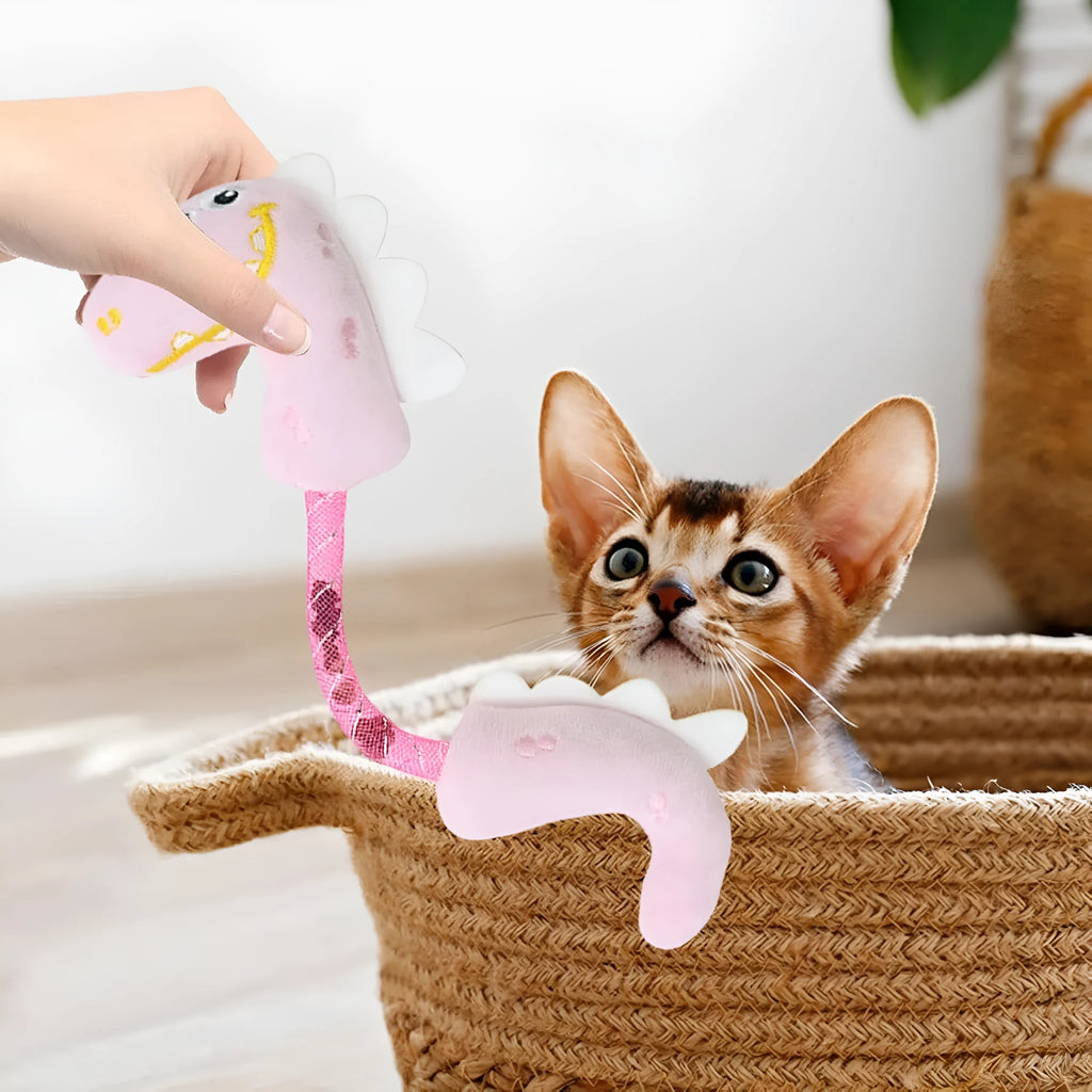 Set of four cat toys including chew toys, springs, rope toys, and kicker toys in pink, purple and yellow colours