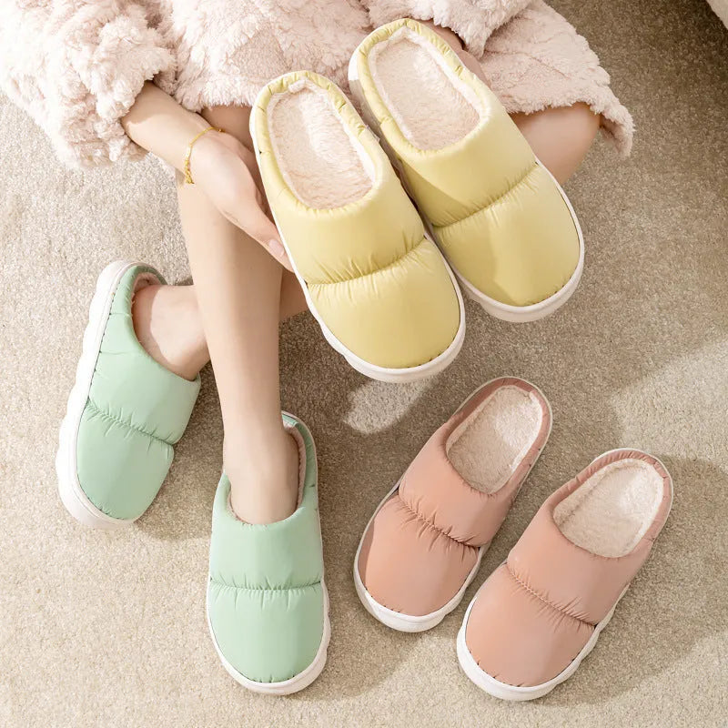 Down cotton slippers with thick rubber soles and artificial leather uppers in multiple colours