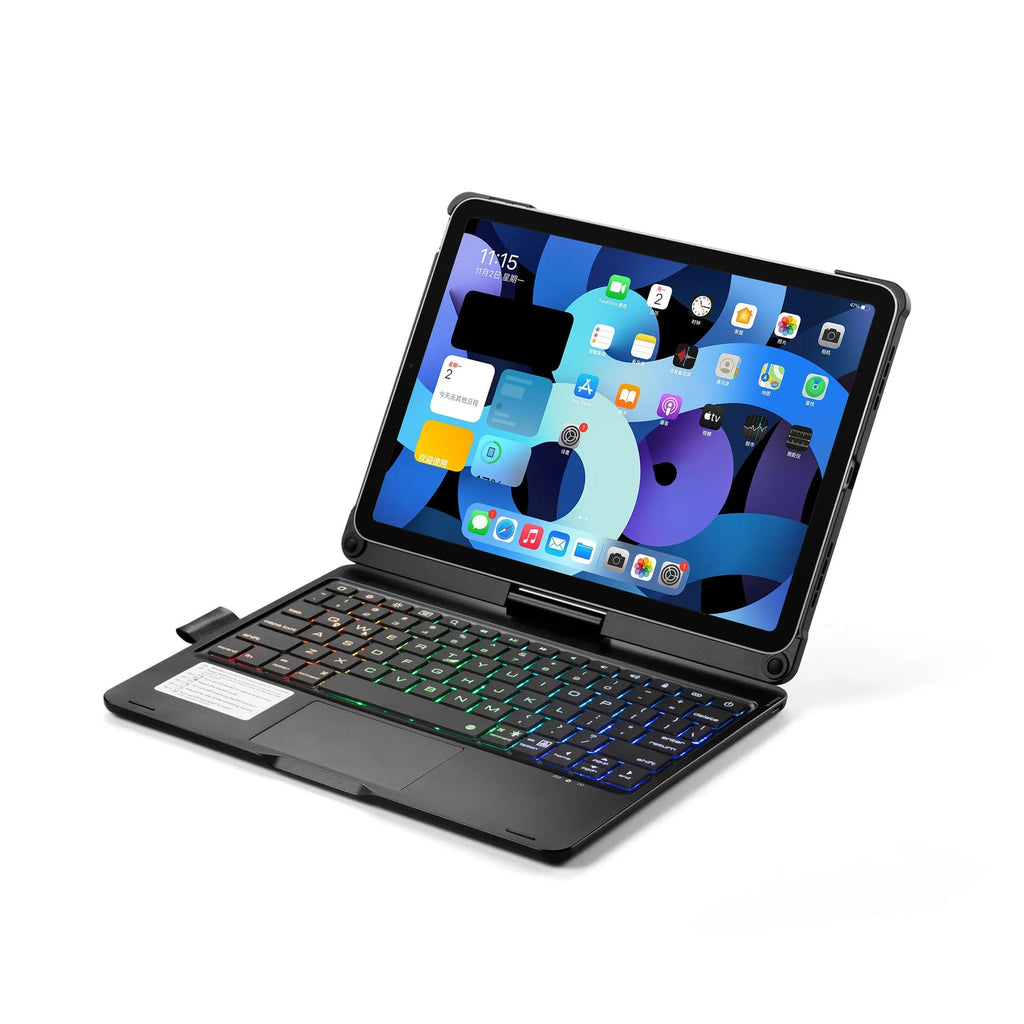Silver 360-degree rotating Bluetooth backlit keyboard next to an iPad Pro.