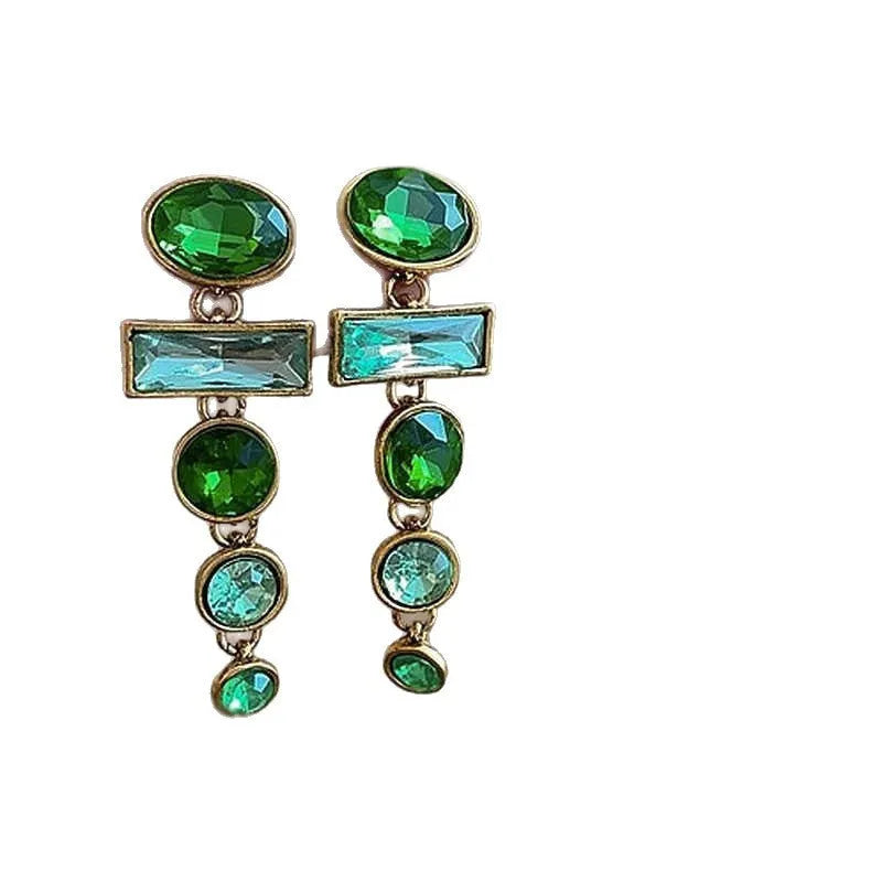 Geometric Chinese style earrings with retro green gradient colour and tassel design