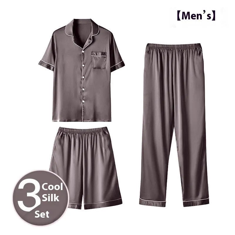 Men's ice silk three-piece home wear suit showing short sleeve top, shorts, and trousers laid flat.