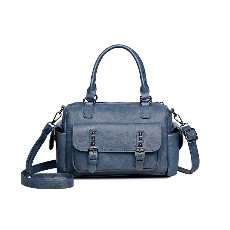 Vintage style large capacity messenger bag in horizontal square shape with contrast stitching, available in six colours