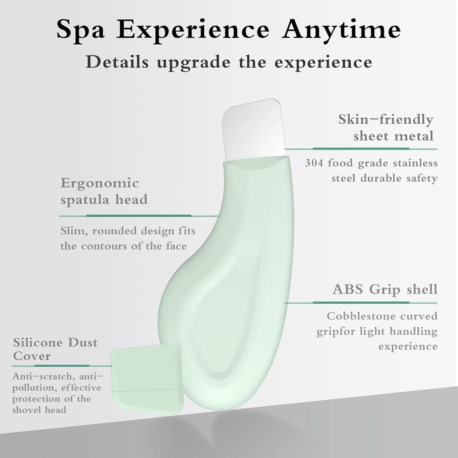 Green stainless steel blackhead scraper tool with a non-slip silicone handle on a white background.