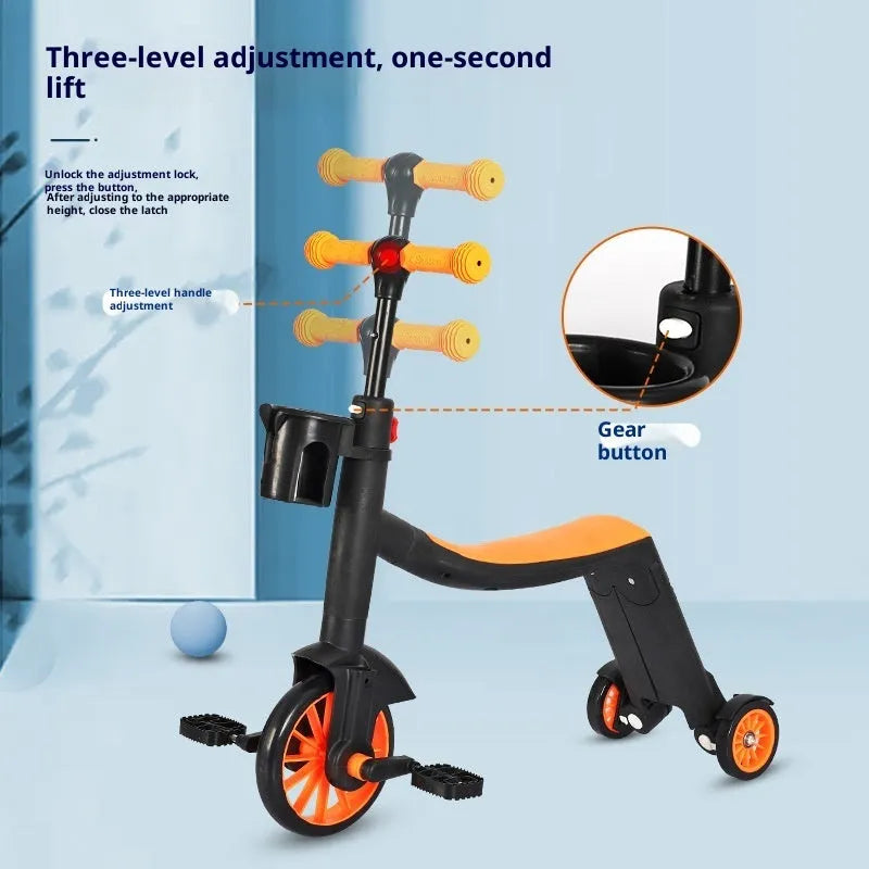 Multifunctional eight-in-one baby plastic scooter with push handle in blue skateboard option