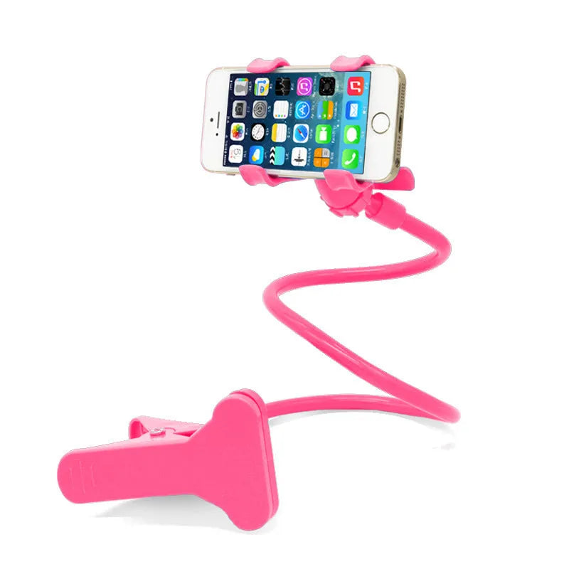 Black portable phone holder with long flexible arm and V-clip on a bedside table