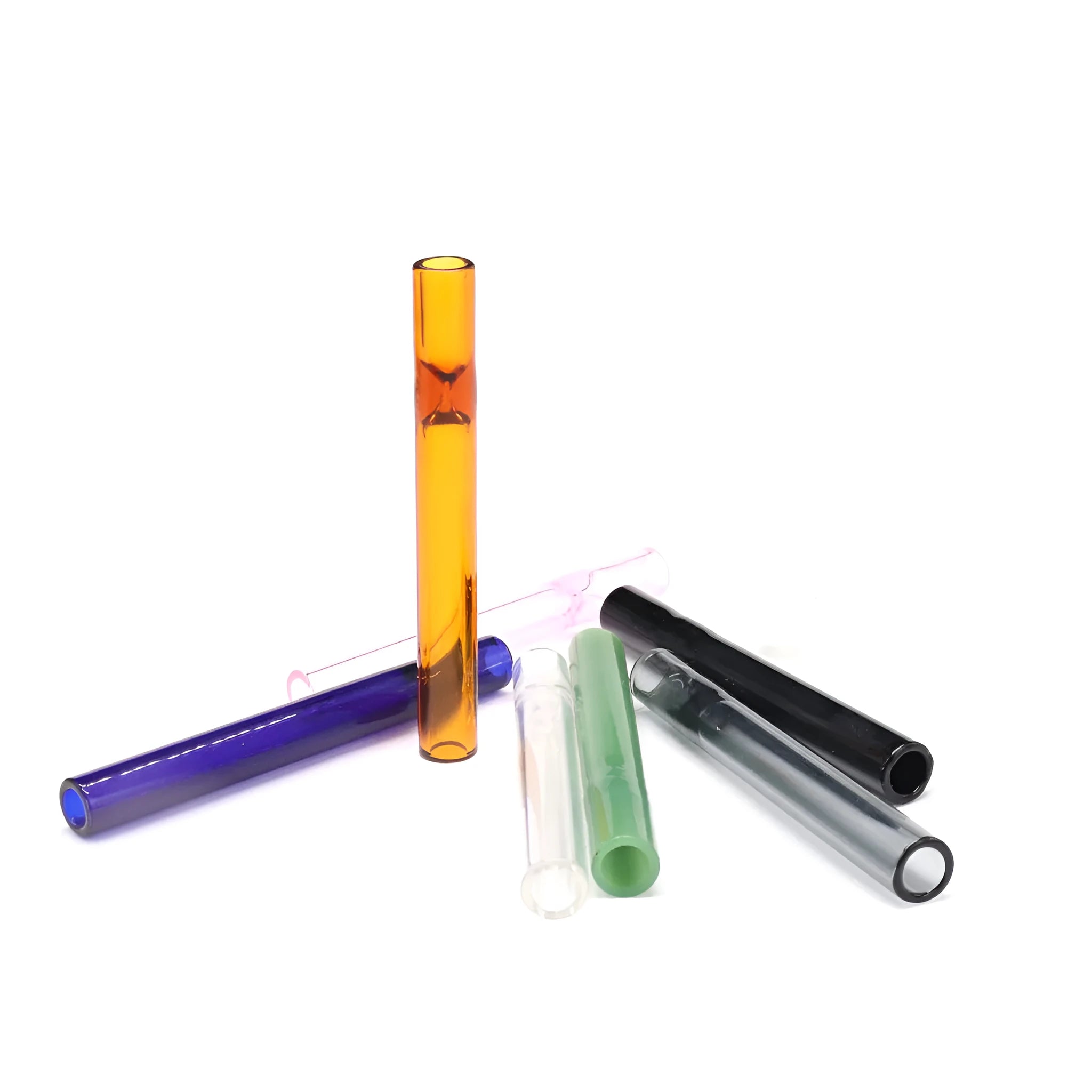 Clear glass telescopic smoke pipe with straight design and pink tint showing suction nozzle