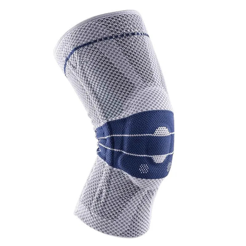 Adult sports knee pads in black and blue colour, shown on a knee for size reference.