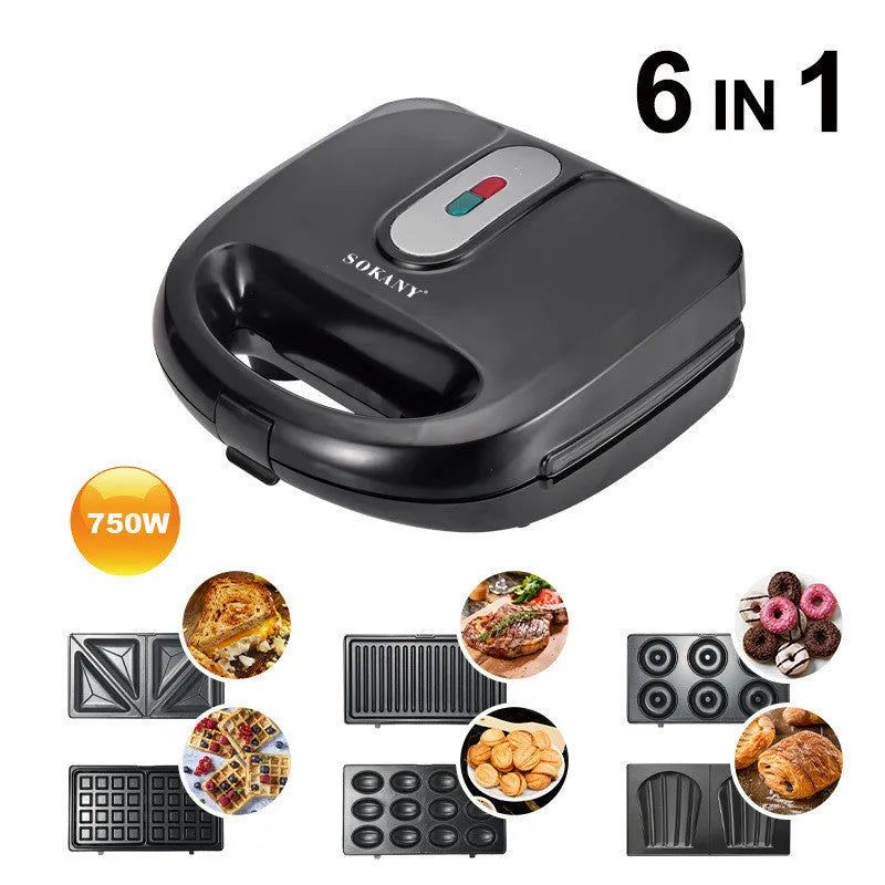 Black electric sandwich pan with double-sided heating, brushed stainless steel cover, and non-stick cooking surface