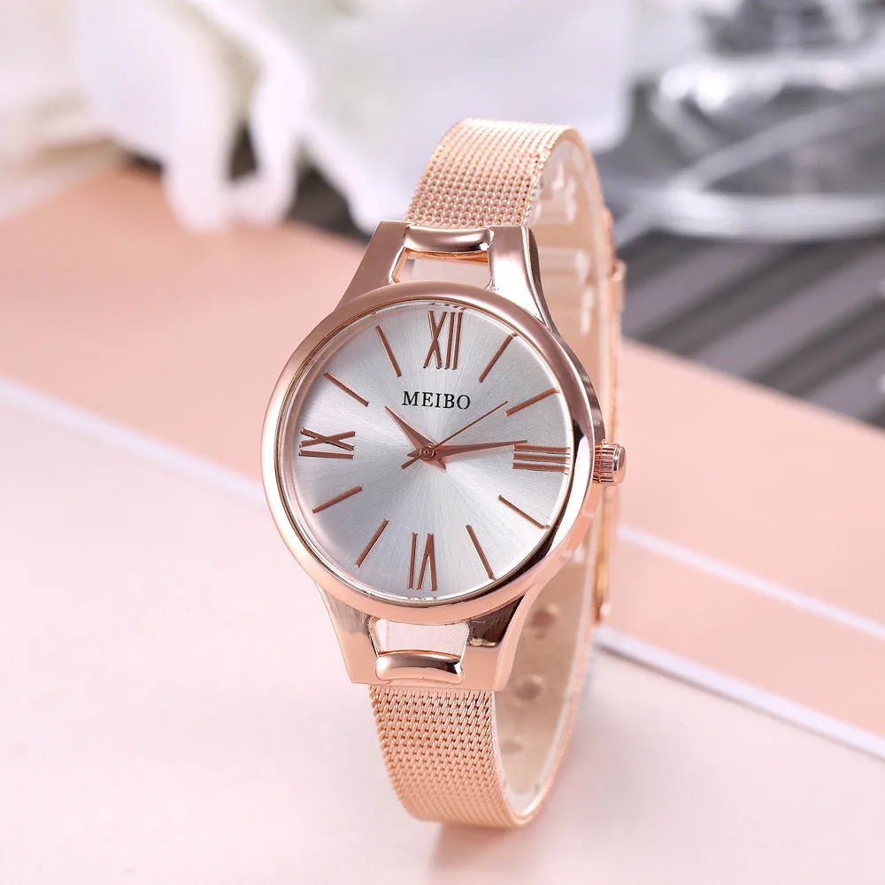 Harmony Sale women's rose gold stainless steel mesh belt watch with round glass dial and pin buckle
