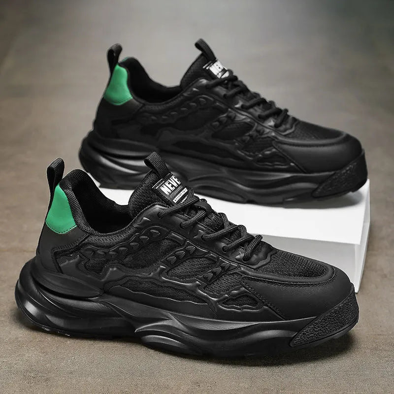 Men's solid colour breathable mesh shoes with round toe, shown in black and white colour options.