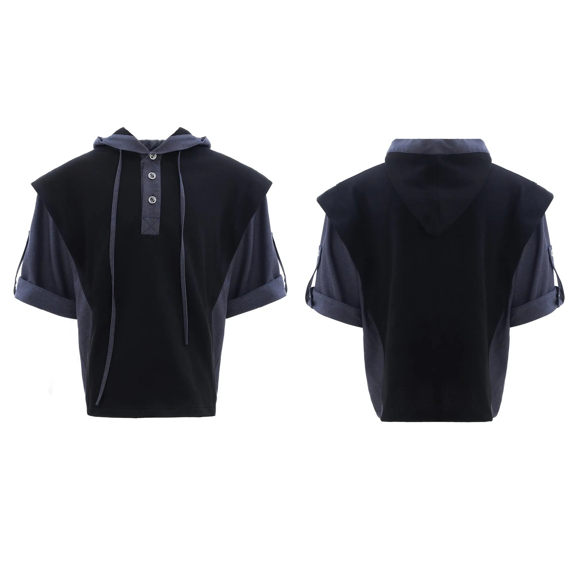 Men's black hooded short sleeve sports jacket with three-dimensional stitching and matching trousers