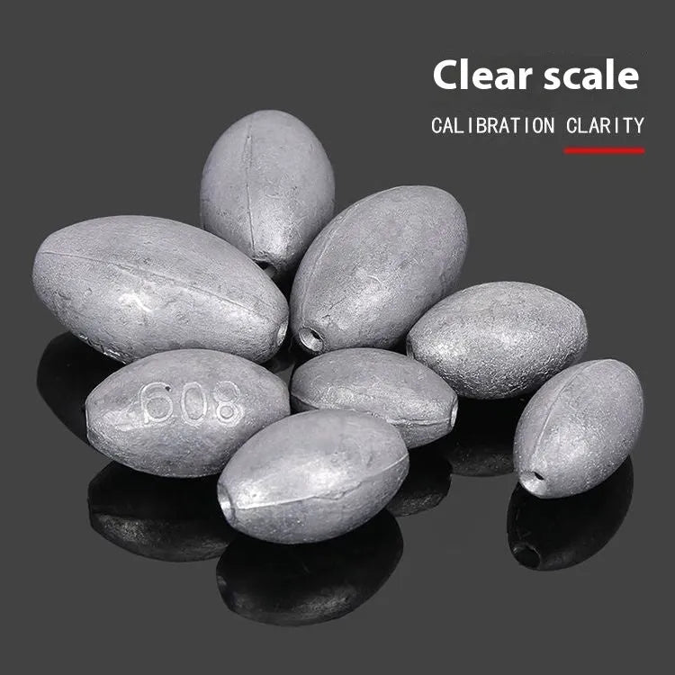 Olive lead fishing sinker with plastic core, rugby shape, and scale pattern in weights from 10g to 150g